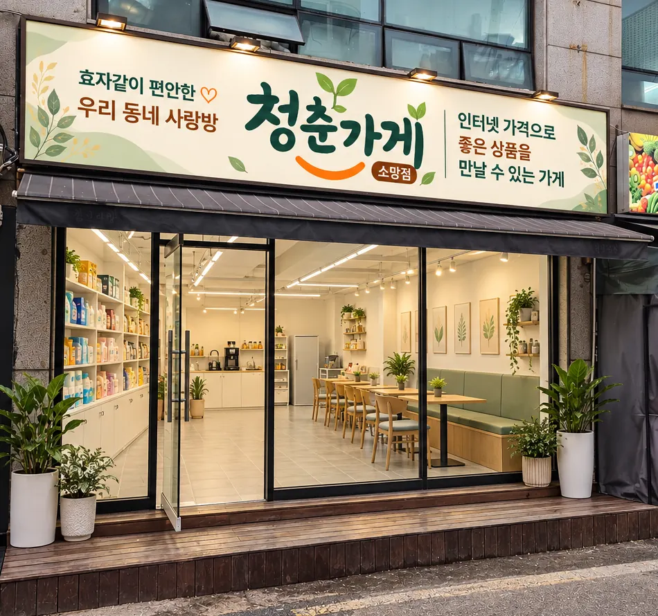 장안동 소망점 매장 앞 완성 모습. 간판에 청춘가게 로고와 효자같이 편안한 우리 동네 사랑방 문구가 있고, 통유리 너머로 흰 진열 수납장과 긴 의자가 보인다